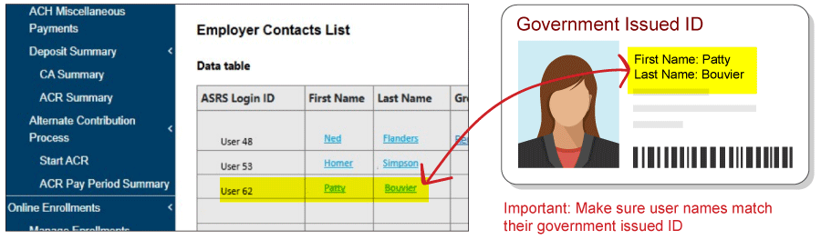 ASRS user information must match the user's government ID first and last name.