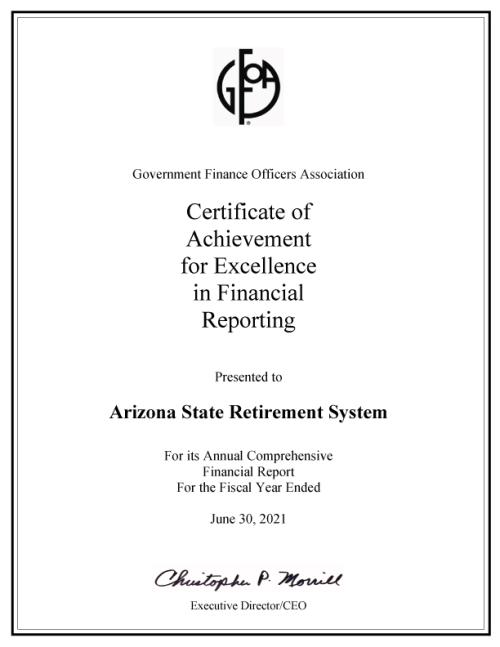 2022 GFOA Certificate of Achievement for Excellence in Financial Reporting awarded to ASRS