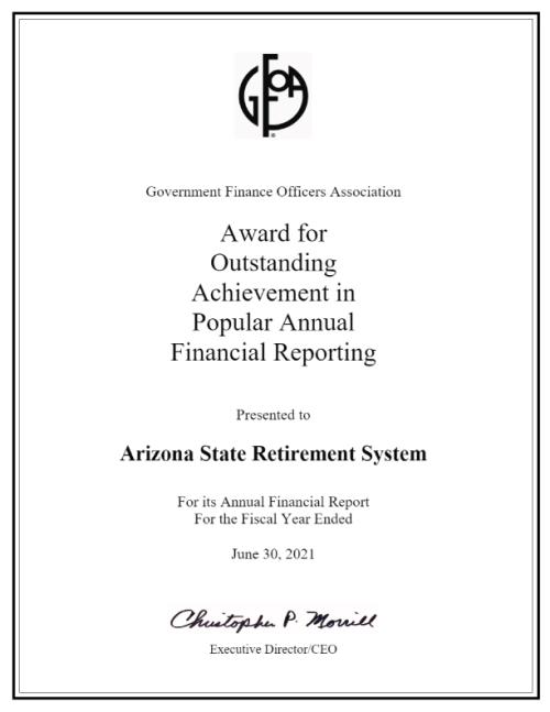 2022 GFOA Award for Popular Annual Financial Report presented to ASRS