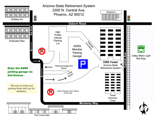 Parking garage layout diagram showing visitor parking areas, entrances, and directions to ASRS Phoenix office